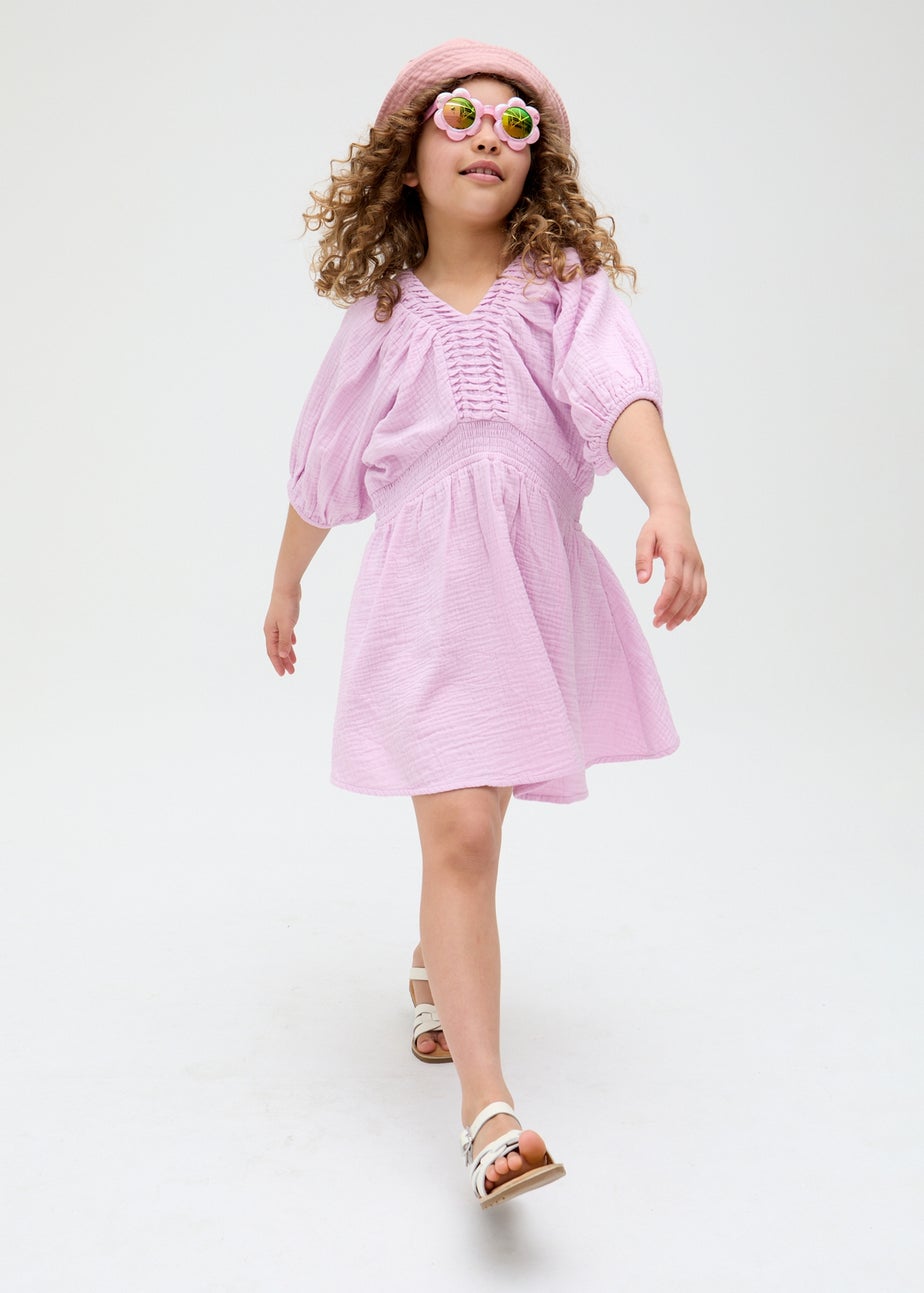Raffya Kids Purple Soipoi Ruched V-neck Dress (3-9 Years)