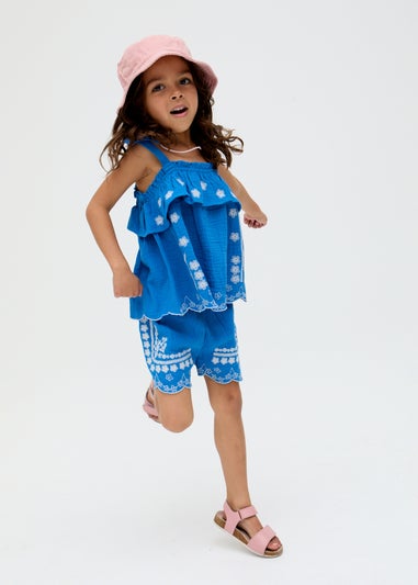 Raffya Kids Blue Savvanah Frill Neck All Over Embroidered Co-ord Set (3-9 Years)