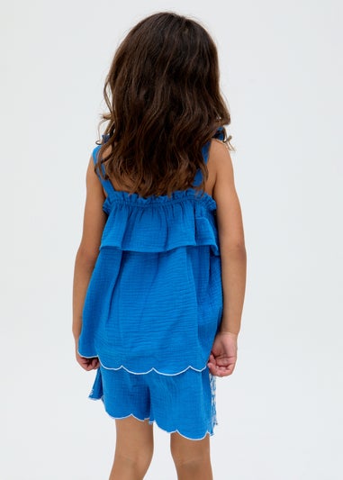 Raffya Kids Blue Savvanah Frill Neck All Over Embroidered Co-ord Set (3-9 Years)