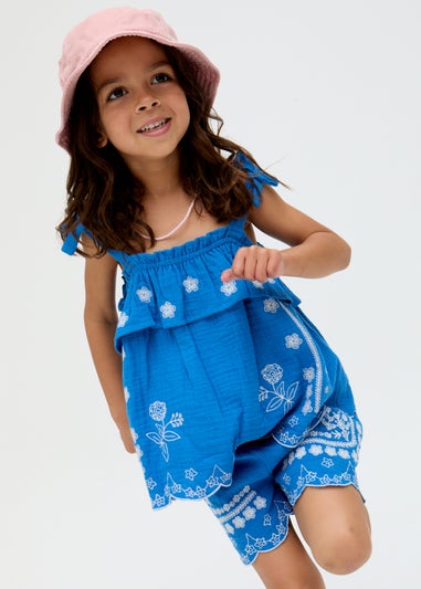 Raffya Kids Blue Savvanah Frill Neck All Over Embroidered Co-ord Set (3-9 Years)