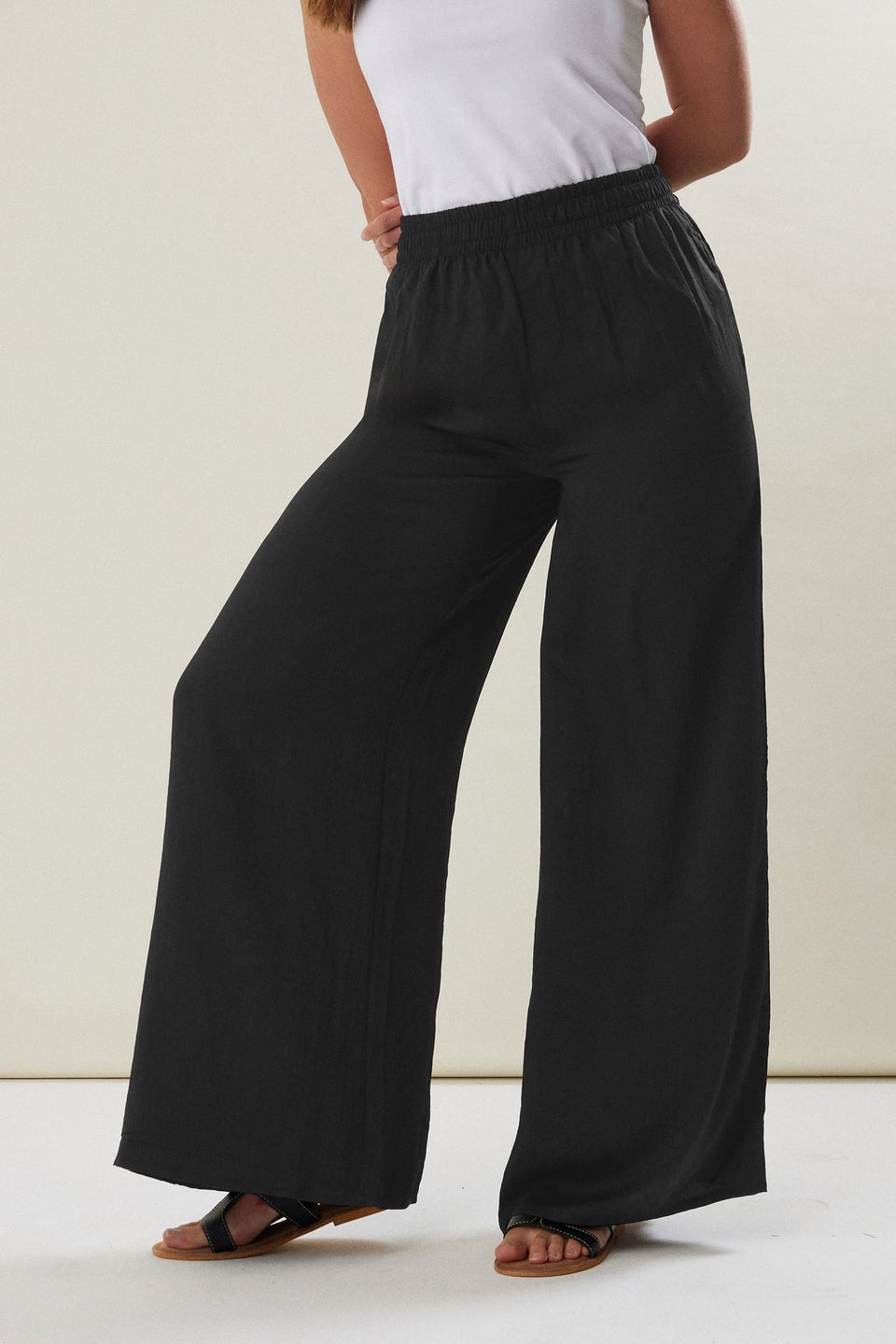 Long Tall Sally Black Matt Satin Wide Leg Trousers