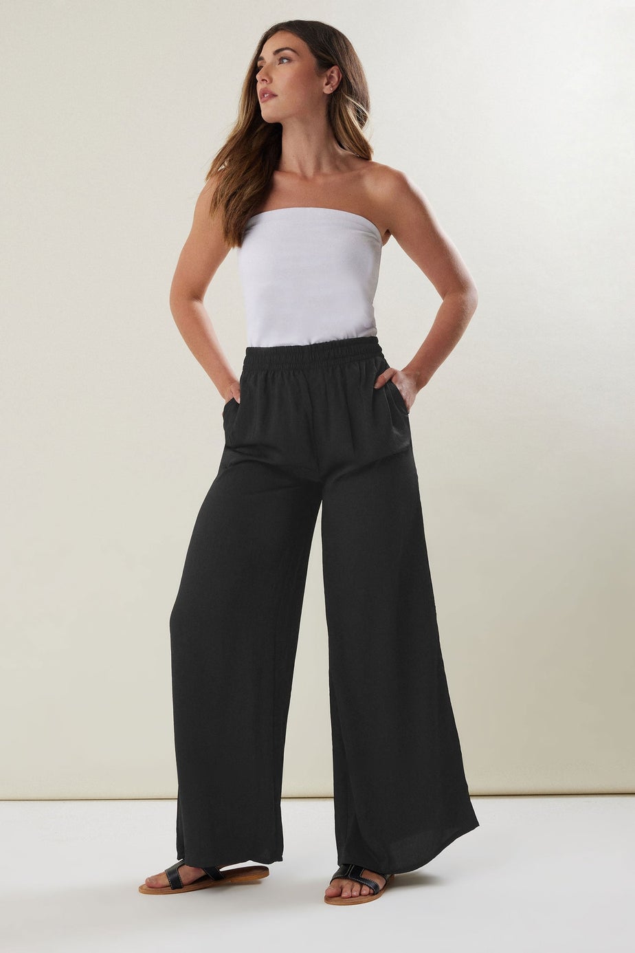 Long Tall Sally Black Matt Satin Wide Leg Trousers