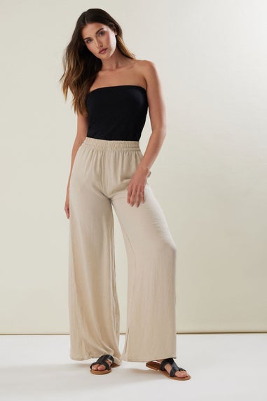 Long Tall Sally Stone Brown Matt Satin Wide Leg Trousers