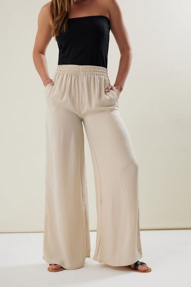 Long Tall Sally Stone Brown Matt Satin Wide Leg Trousers