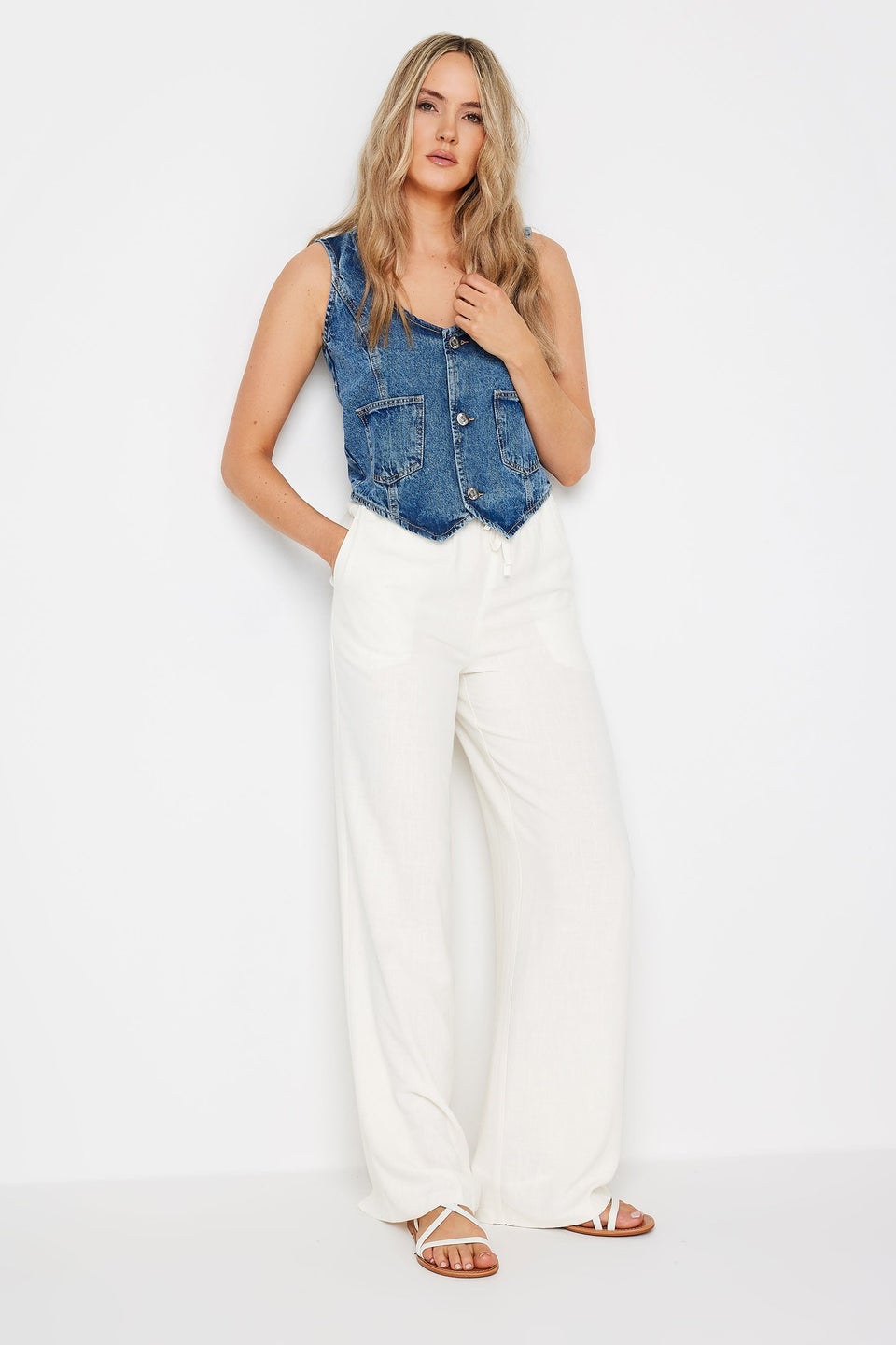 Long Tall Sally White Linen Tie Waist Wide Leg Trousers