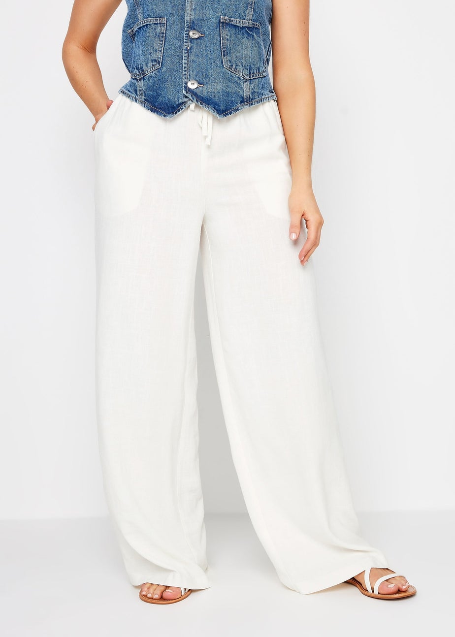 Long Tall Sally White Linen Tie Waist Wide Leg Trousers