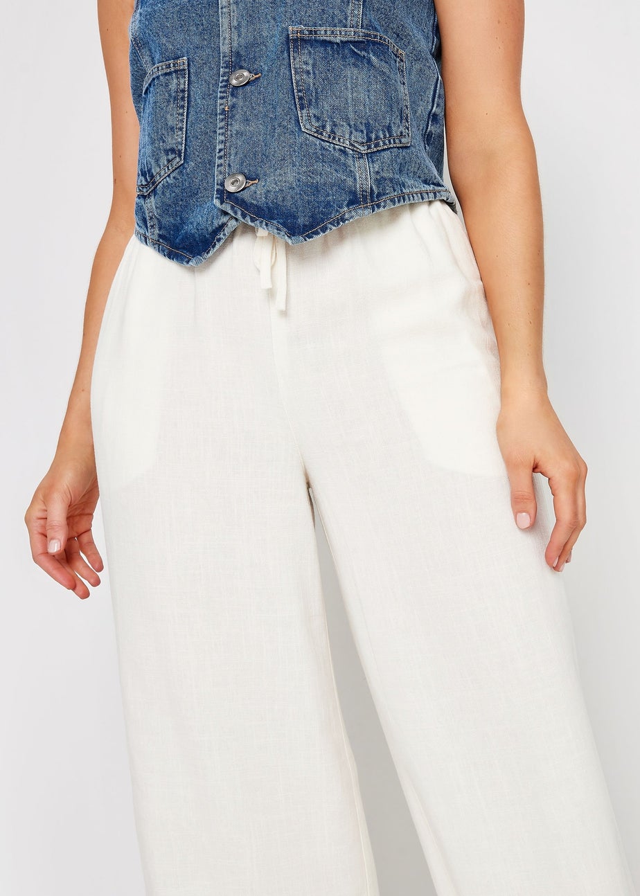 Long Tall Sally White Linen Tie Waist Wide Leg Trousers