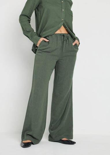Long Tall Sally Khaki Green Linen Tie Waist Trousers