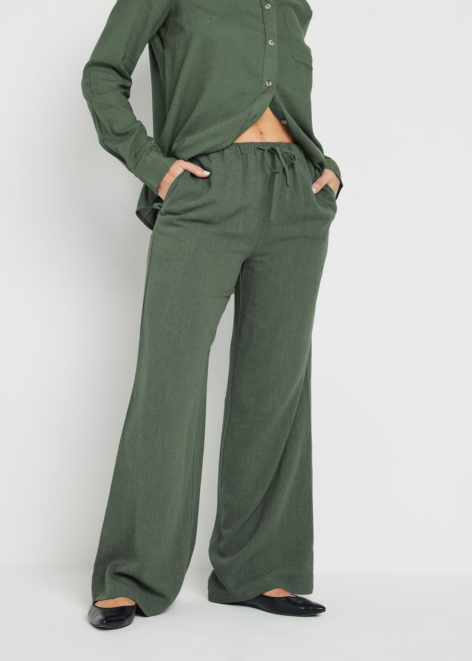 Long Tall Sally Khaki Green Linen Tie Waist Trousers