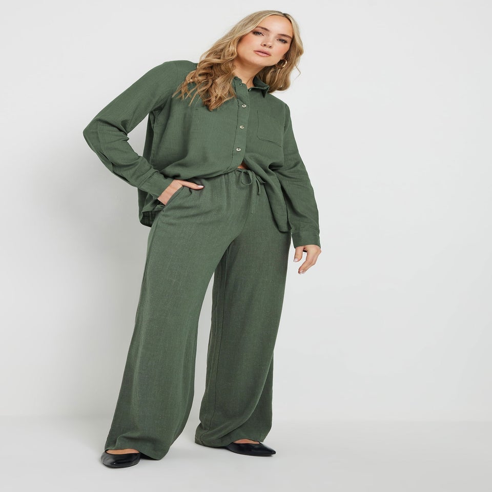 Long Tall Sally Khaki Green Linen Tie Waist Trousers