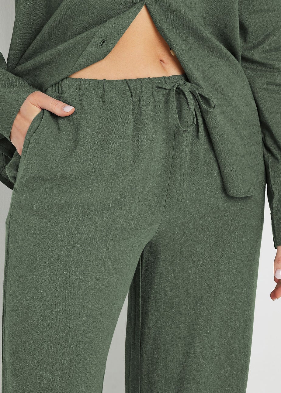 Long Tall Sally Khaki Green Linen Tie Waist Trousers