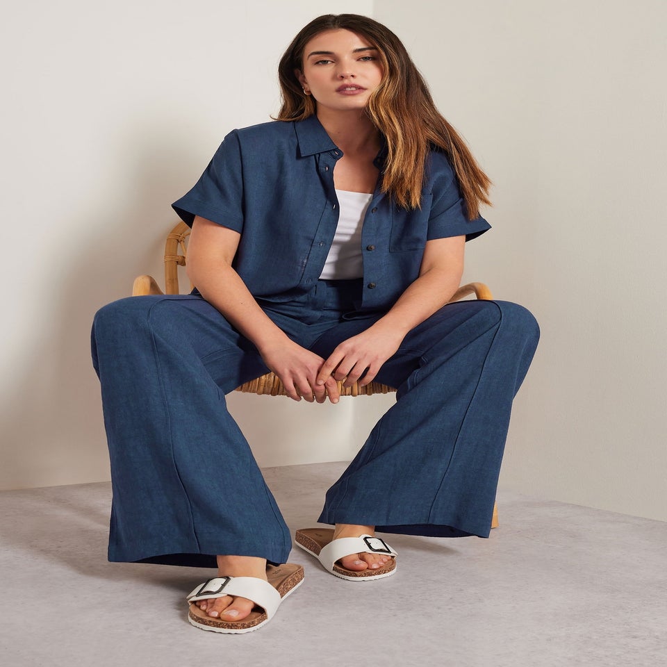 Long Tall Sally Navy Blue Linen Pleated Wide Leg Trousers