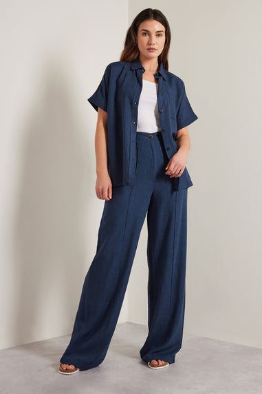 Long Tall Sally Navy Blue Linen Pleated Wide Leg Trousers