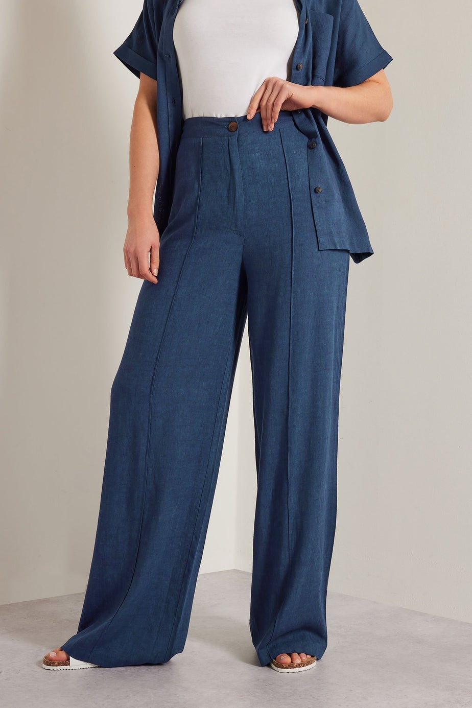 Long Tall Sally Navy Blue Linen Pleated Wide Leg Trousers