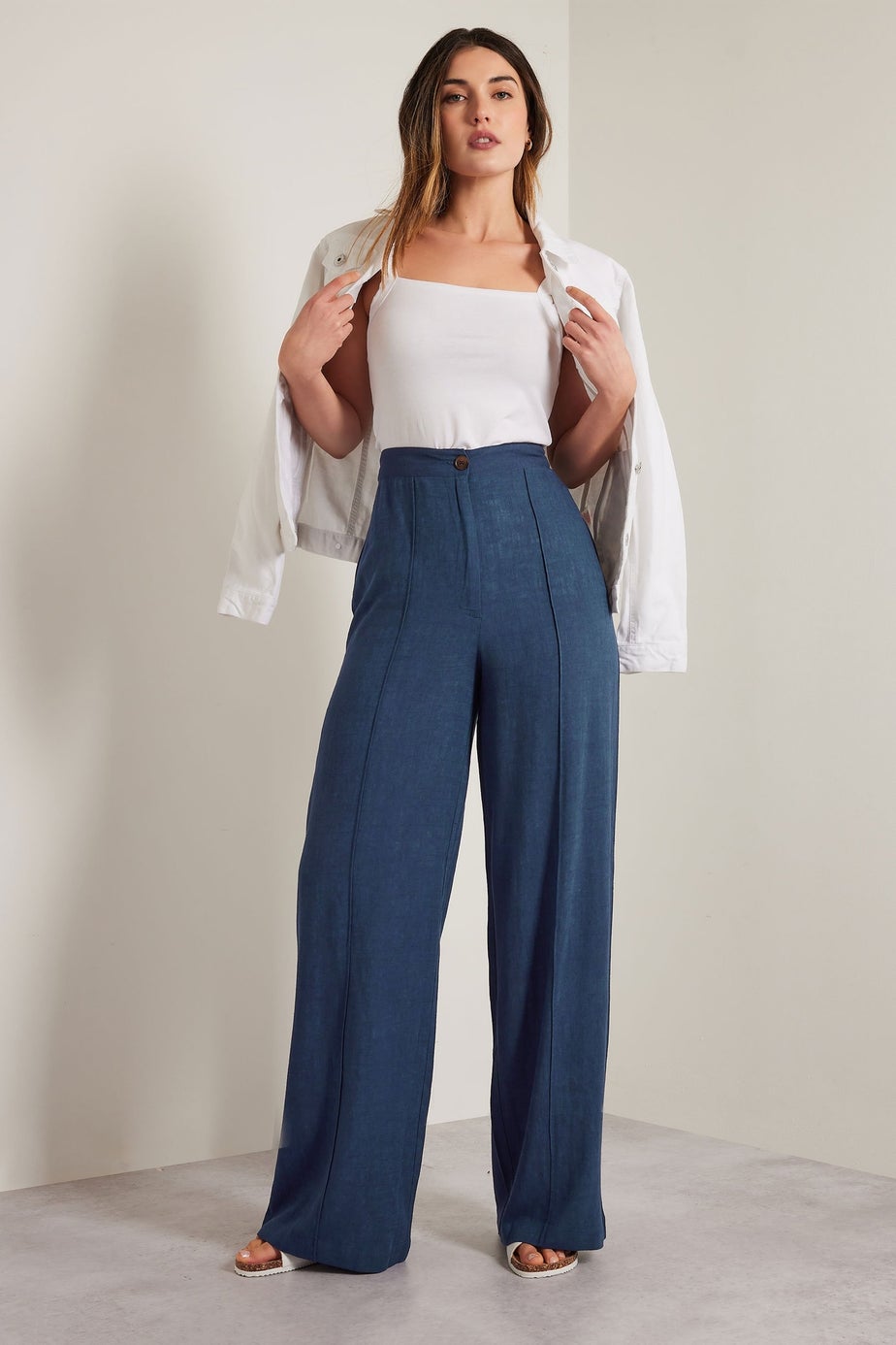 Long Tall Sally Navy Blue Linen Pleated Wide Leg Trousers