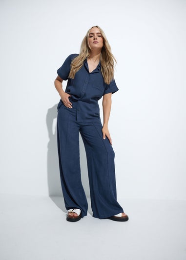 Long Tall Sally Navy Blue Linen Pleated Wide Leg Trousers