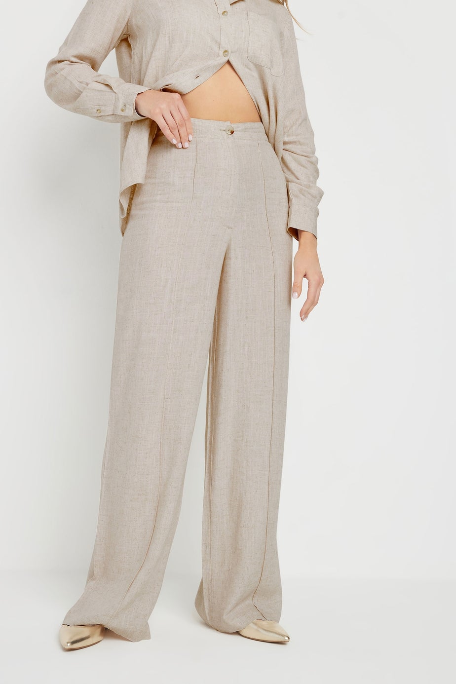 Long Tall Sally Stone Brown Linen Pleated Wide Leg Trousers
