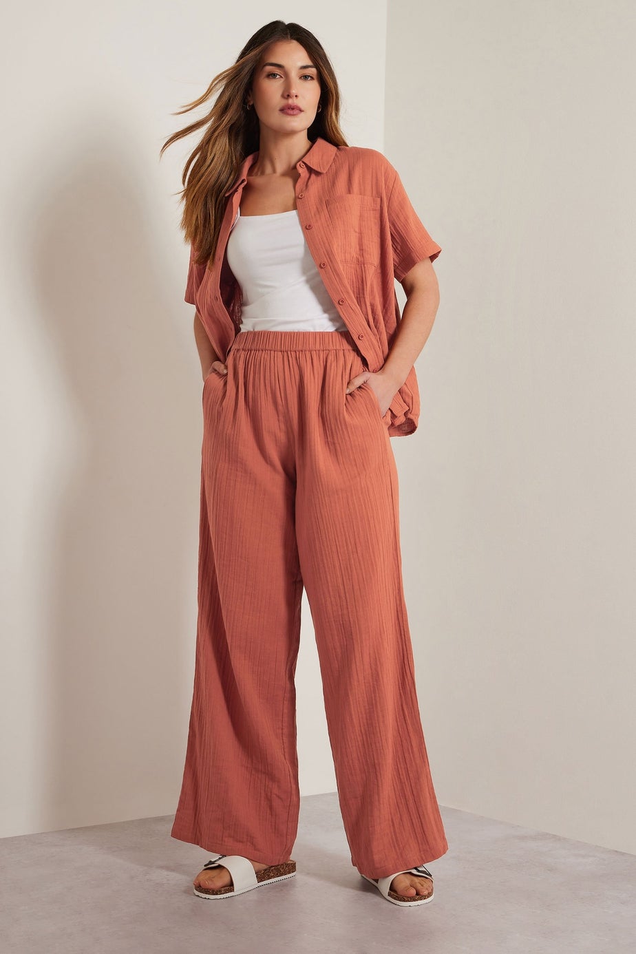 Long Tall Sally Rust Orange Cotton Cheescloth Wide Leg Trousers