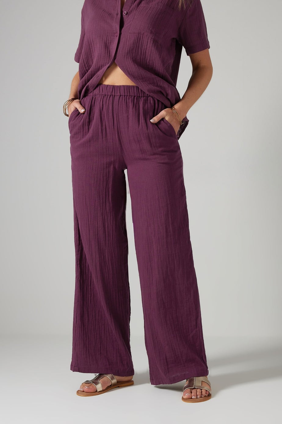 Long Tall Sally Dark Red Cotton Cheescloth Wide Leg Trousers
