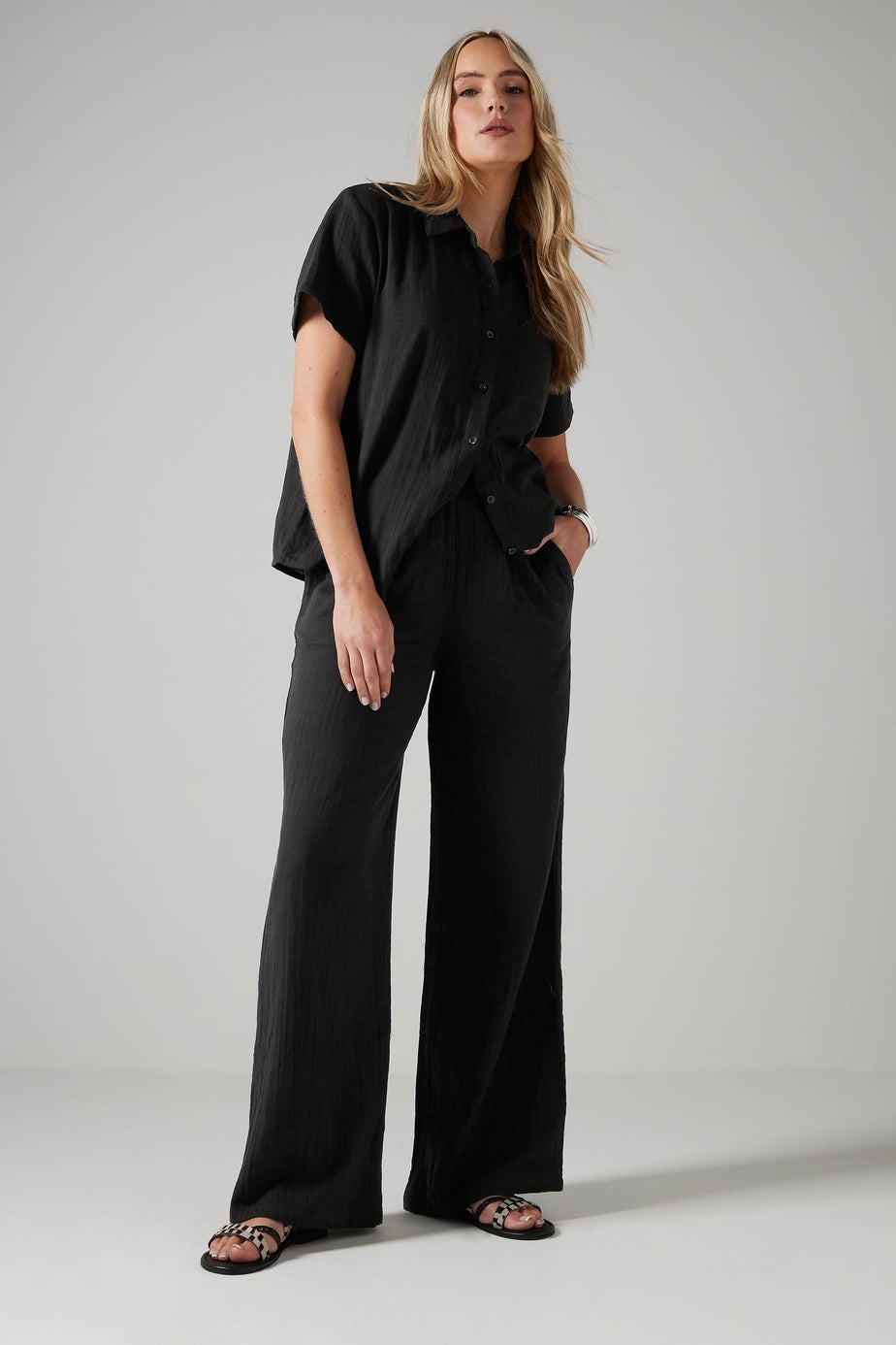 Long Tall Sally Black Cotton Cheescloth Wide Leg Trousers