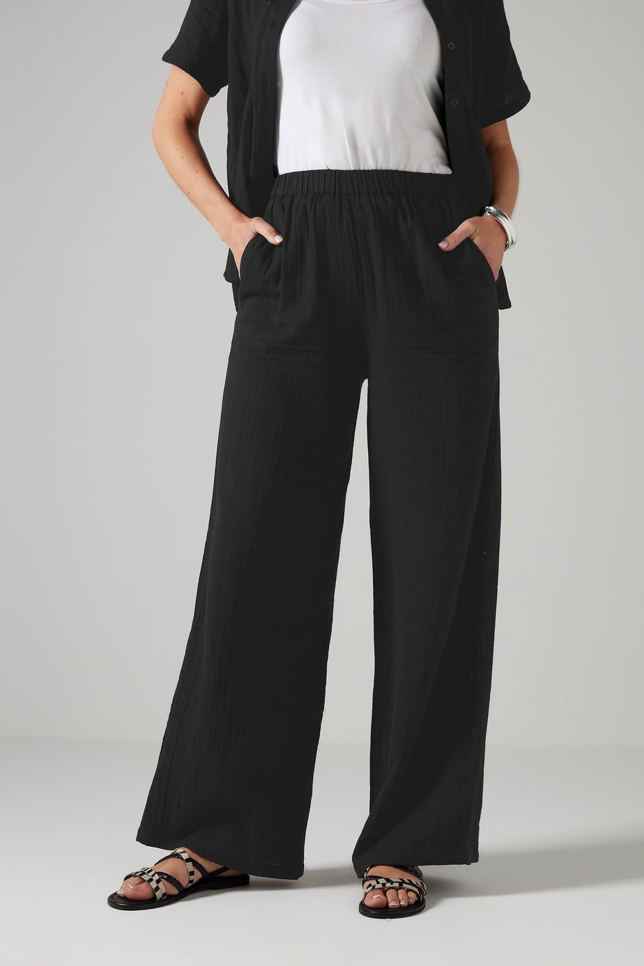 Long Tall Sally Black Cotton Cheescloth Wide Leg Trousers
