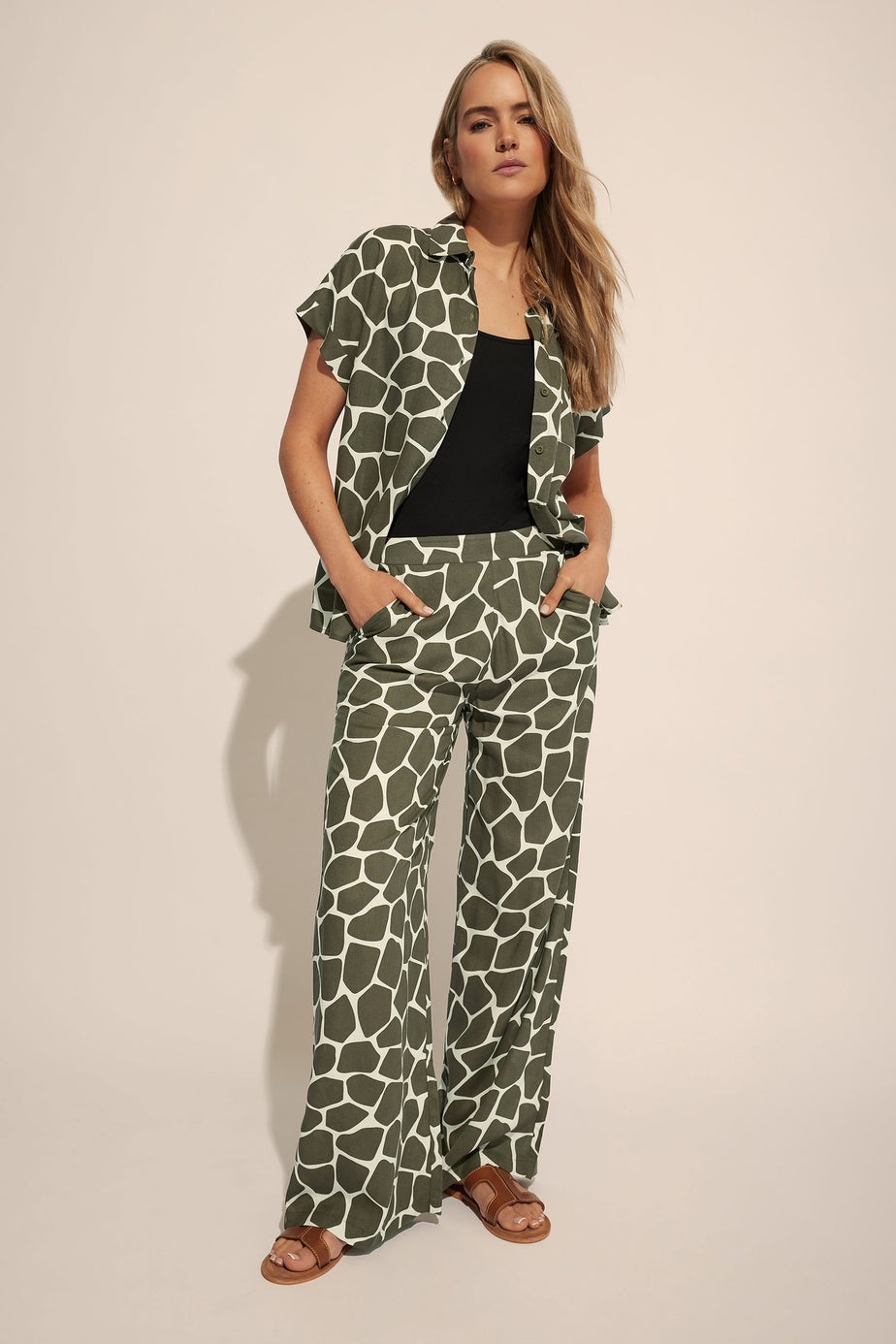 Long Tall Sally Khaki Green Giraffe Print Wide Leg Trousers