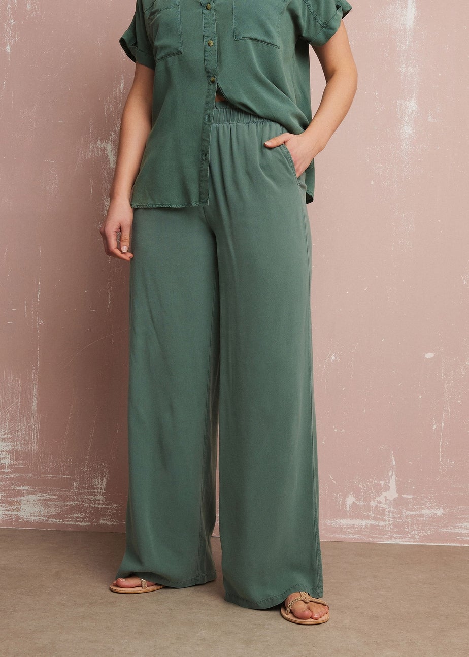 Long Tall Sally Khaki Green Acid Wash Wide Leg Trousers