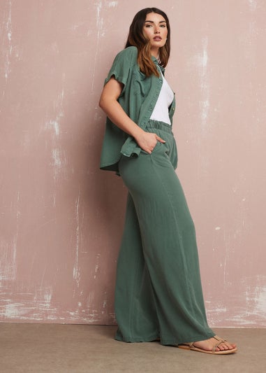 Long Tall Sally Khaki Green Acid Wash Wide Leg Trousers