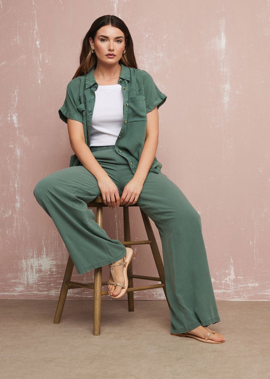 Long Tall Sally Khaki Green Acid Wash Wide Leg Trousers