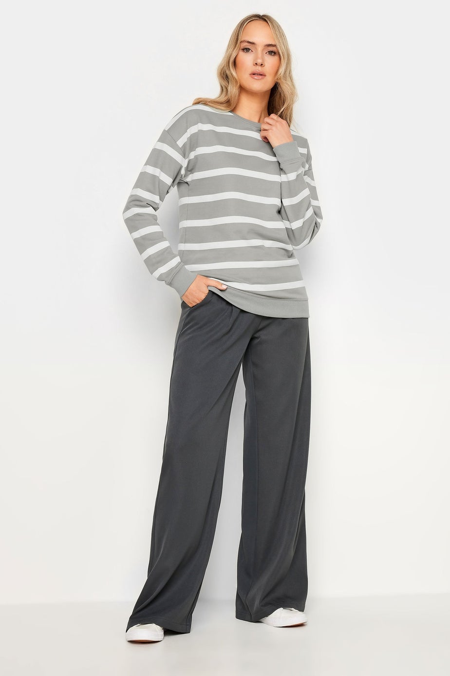 Long Tall Sally Grey Crew Neck Stripe Sweatshirt