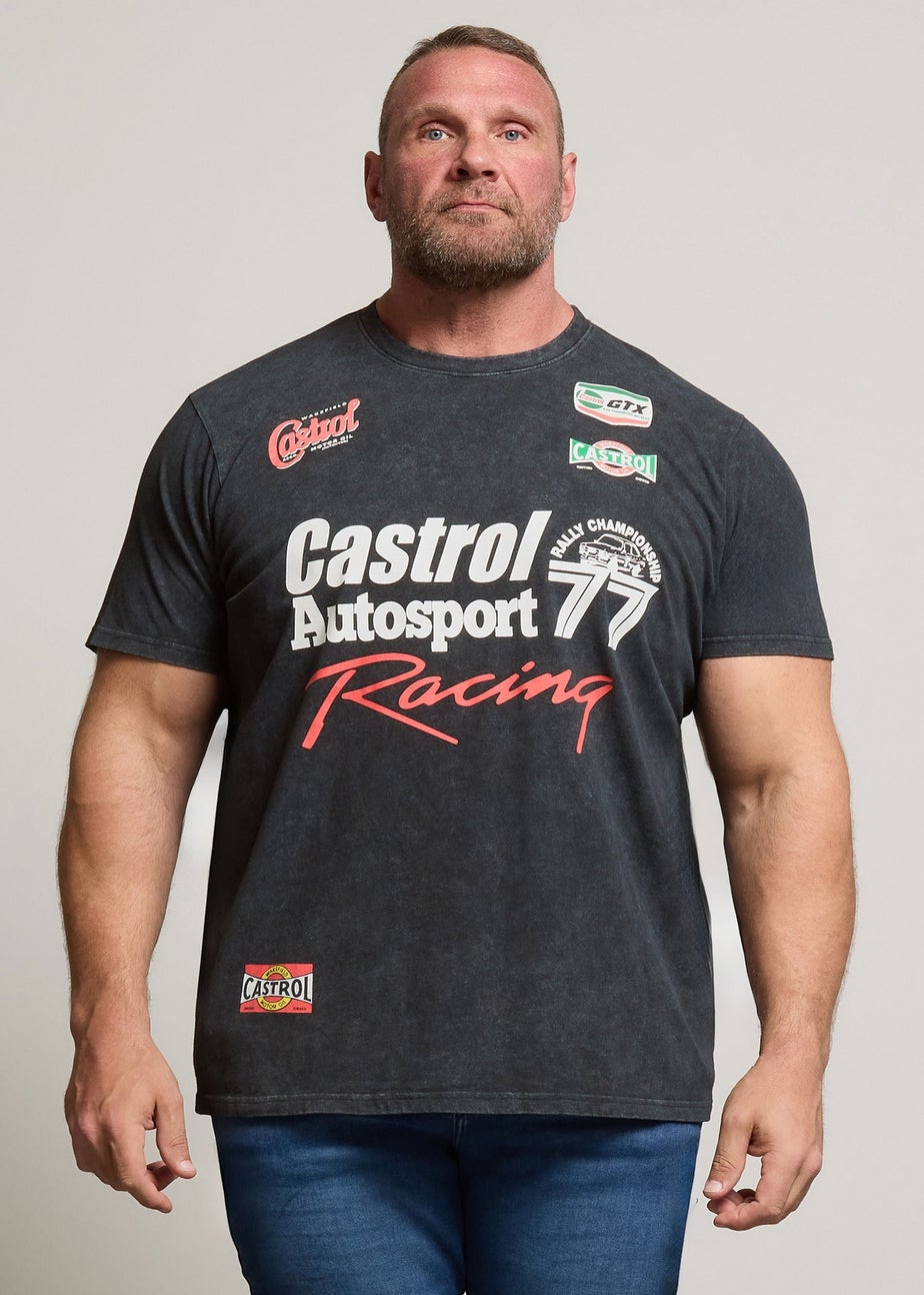 Badrhino Black Acid Wash Printed Castrol T-Shirt