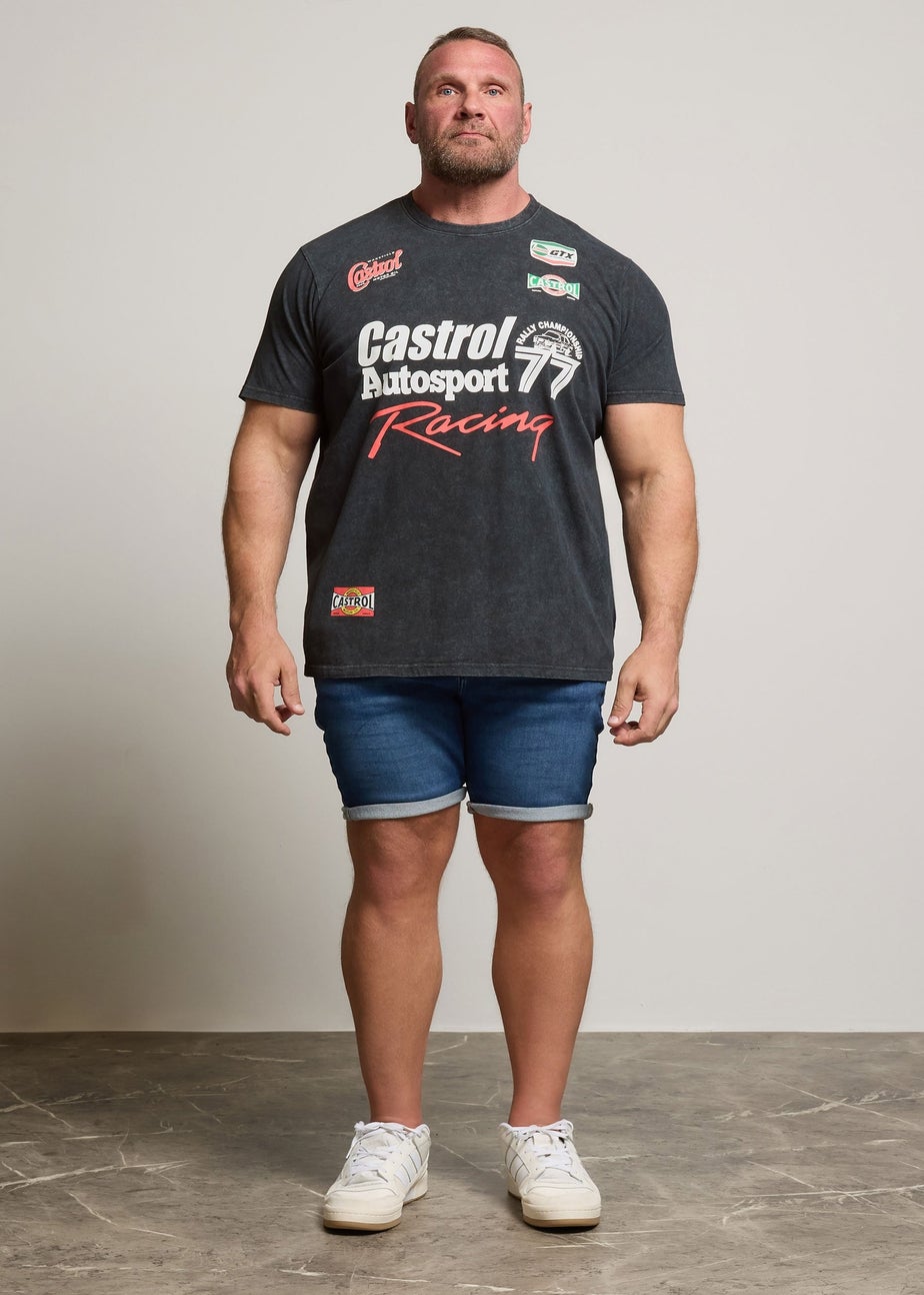 Badrhino Black Acid Wash Printed Castrol T-Shirt