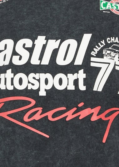 Badrhino Black Acid Wash Printed Castrol T-Shirt