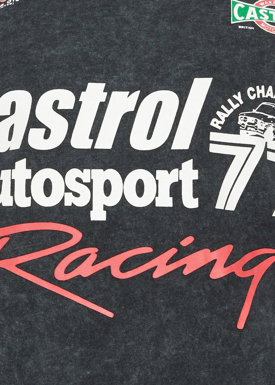 Badrhino Black Acid Wash Printed Castrol T-Shirt