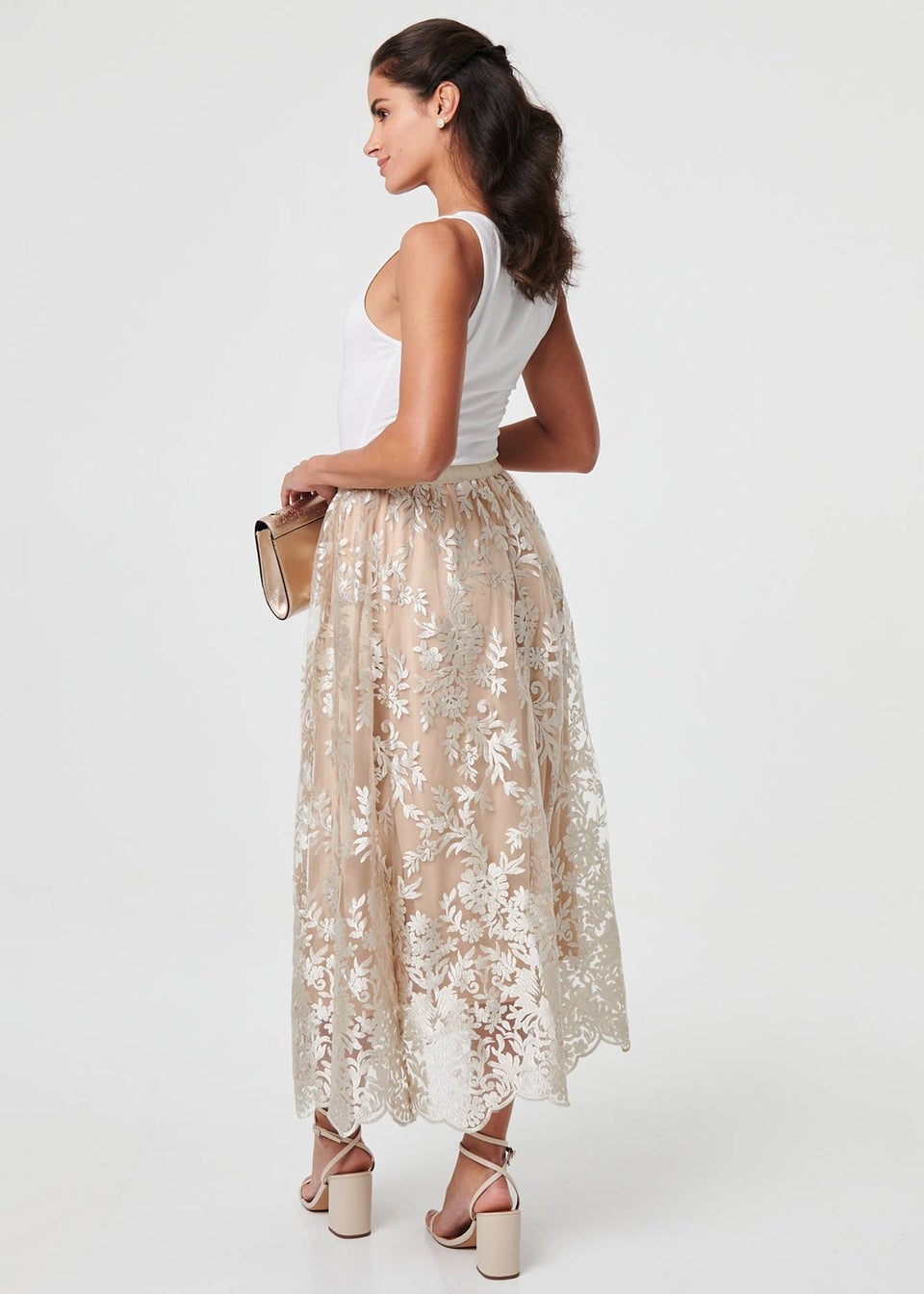 Izabel London Cream Floral Embellished High Waist Midi Skirt