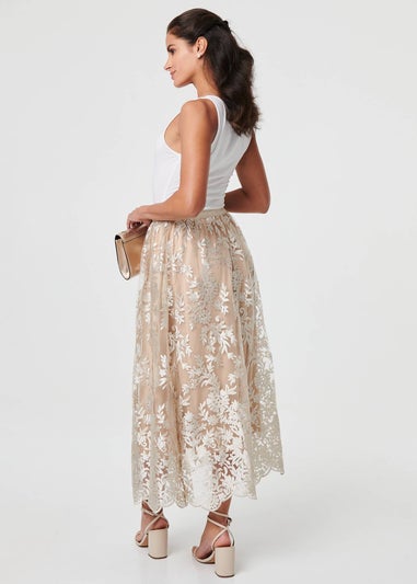 Izabel London Cream Floral Embellished High Waist Midi Skirt