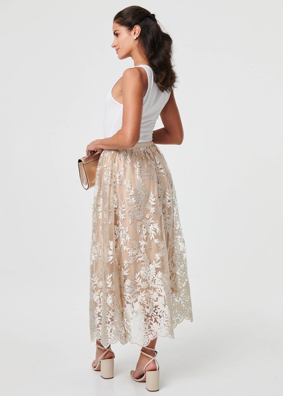 Izabel London Cream Floral Embellished High Waist Midi Skirt