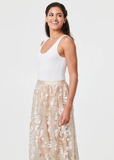 Izabel London Cream Floral Embellished High Waist Midi Skirt