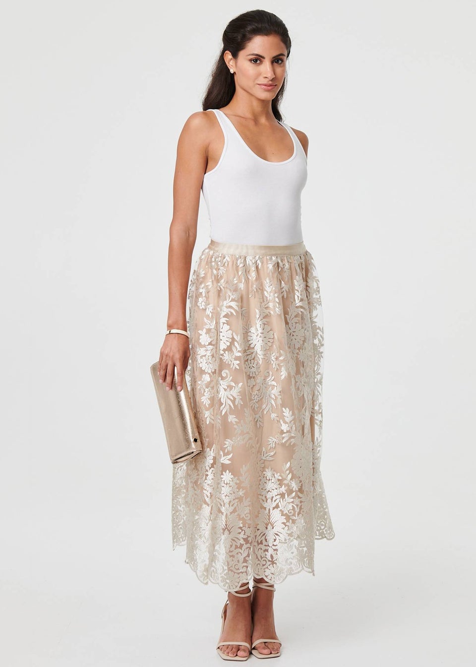 Izabel London Cream Floral Embellished High Waist Midi Skirt
