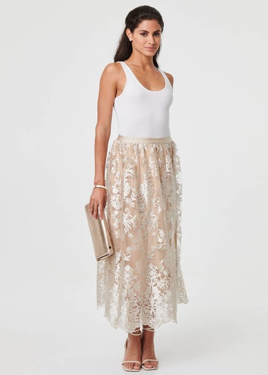 Izabel London Cream Floral Embellished High Waist Midi Skirt