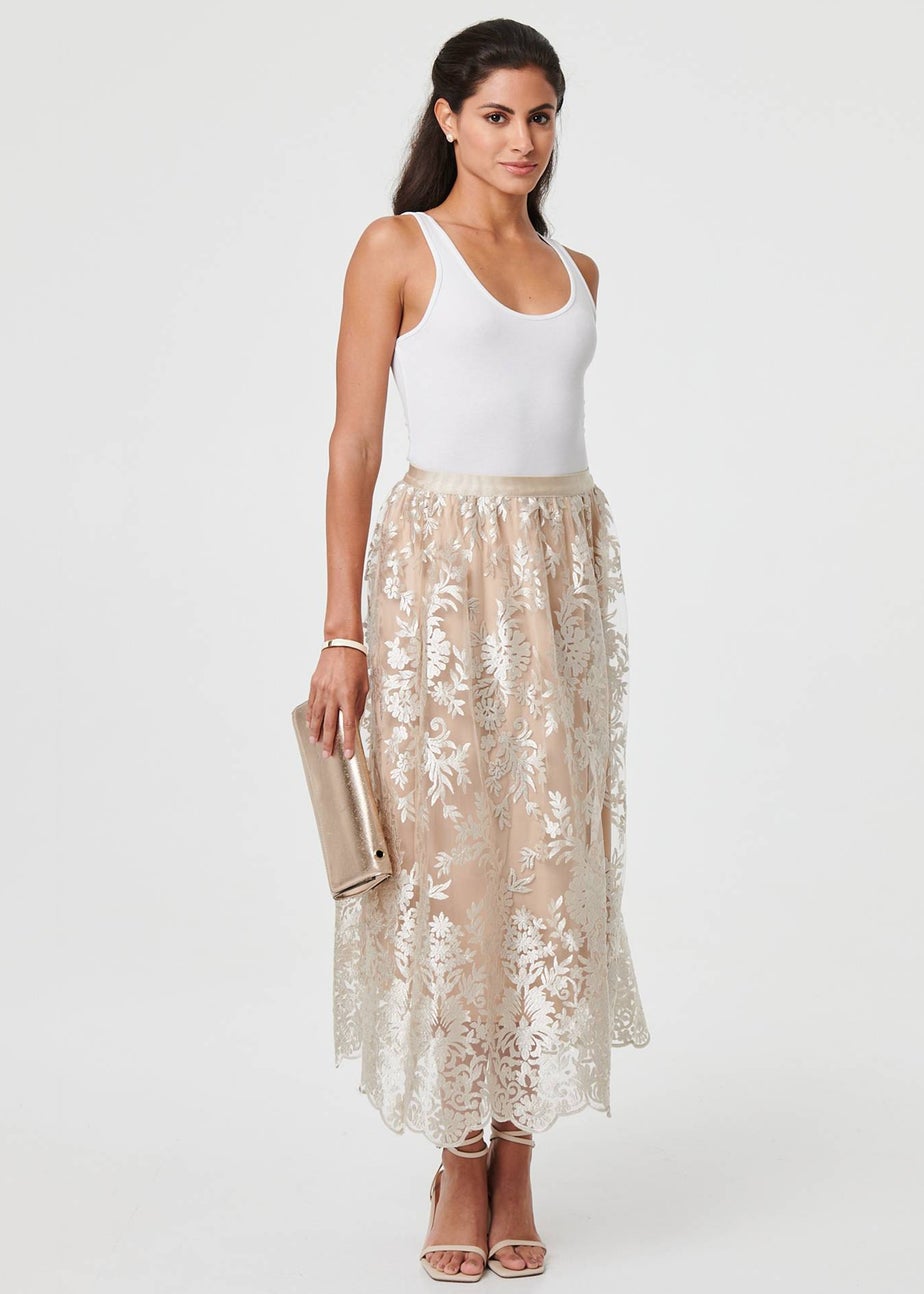 Izabel London Cream Floral Embellished High Waist Midi Skirt