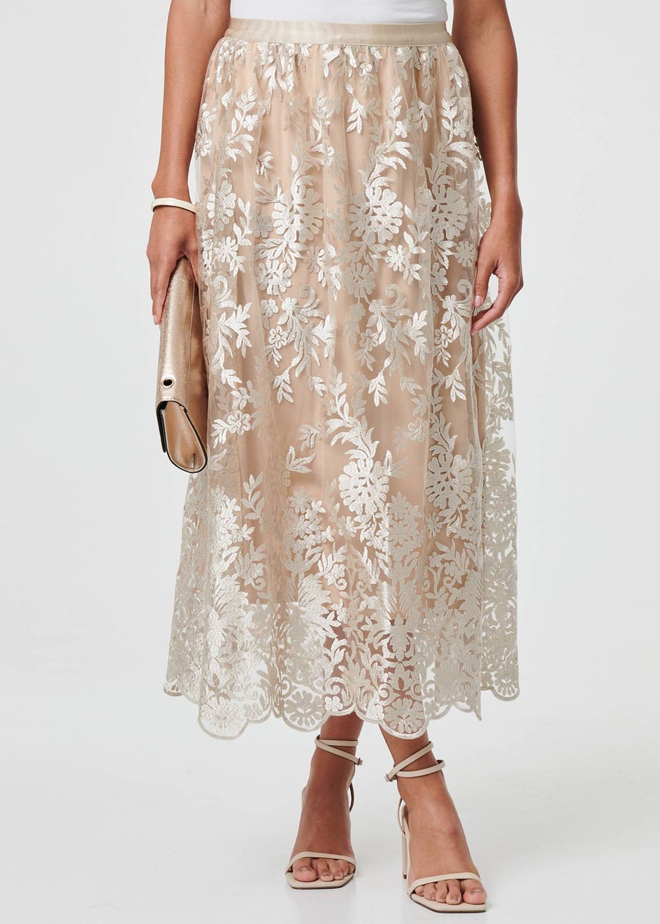 Izabel London Cream Floral Embellished High Waist Midi Skirt