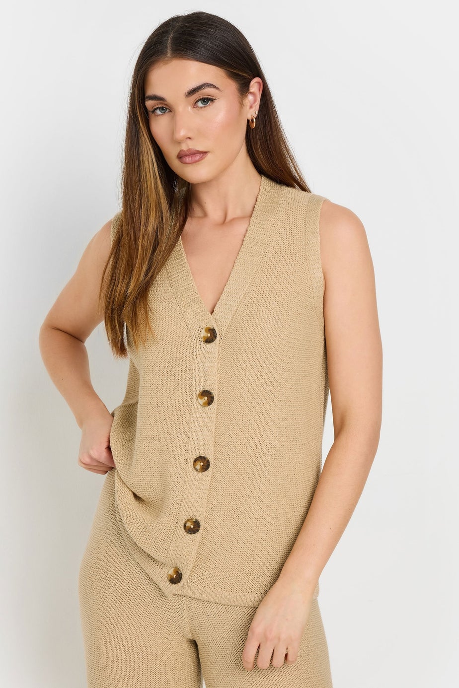 Long Tall Sally Natural Brown Knitted Button Waistcoat
