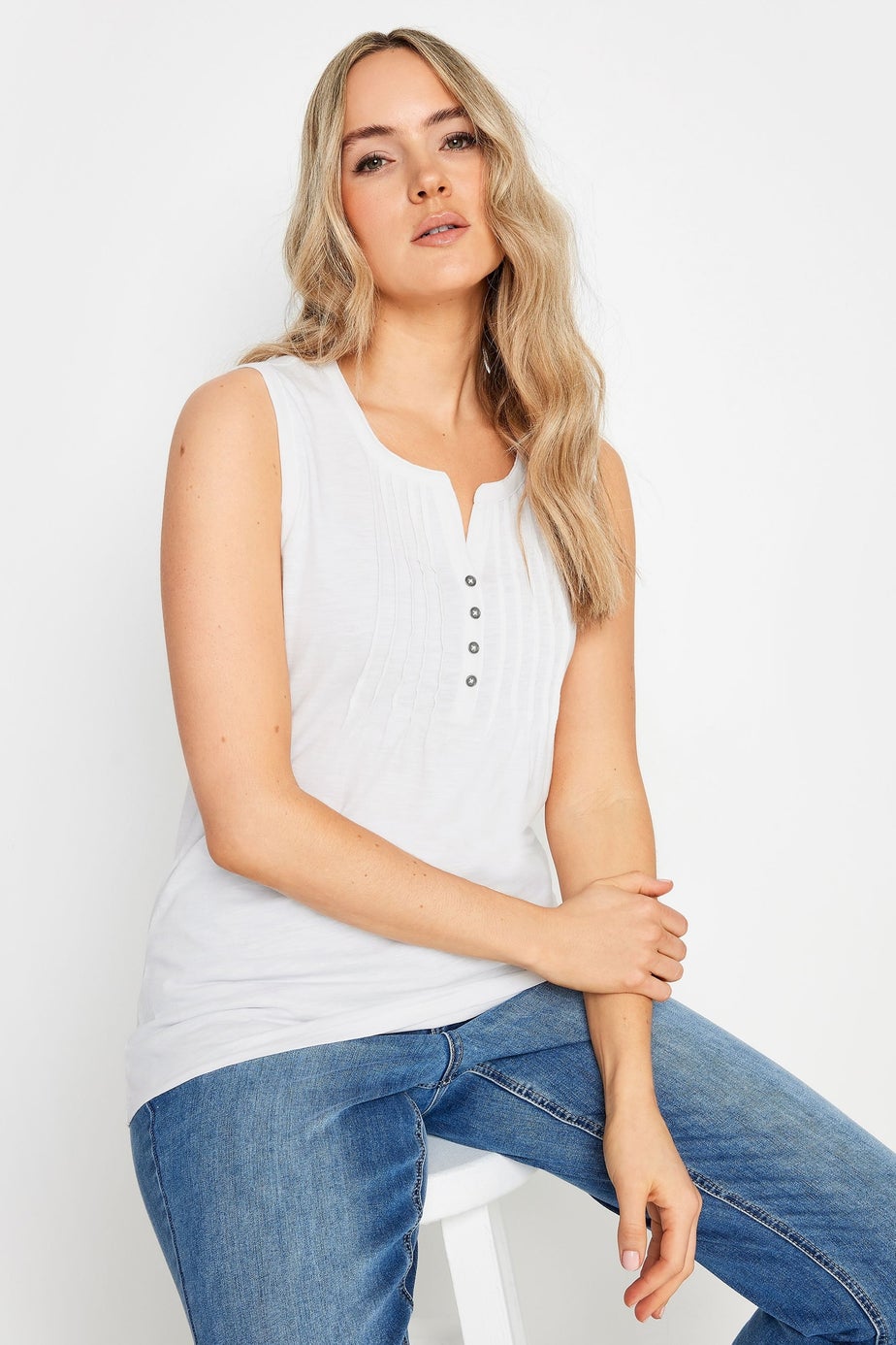 Long Tall Sally White Cotton Henley Vest Top