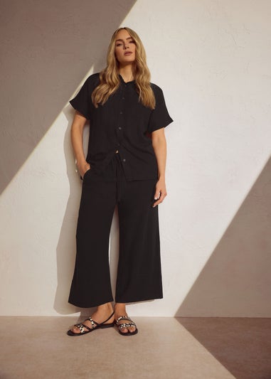 Long Tall Sally Black Wide Leg Cropped Linen Trousers
