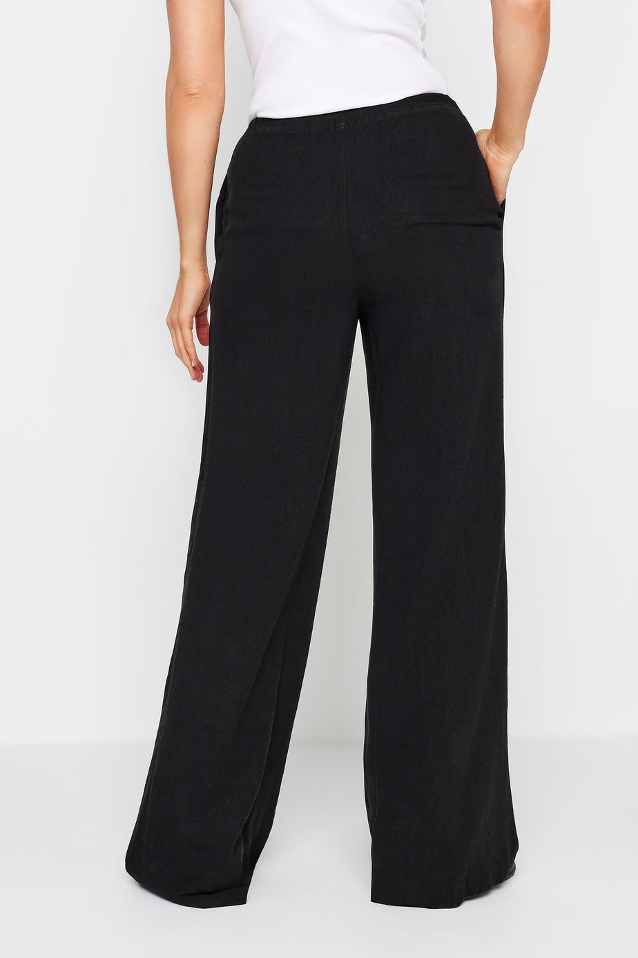Long Tall Sally Black Linen Tie Waist Wide Leg Trousers