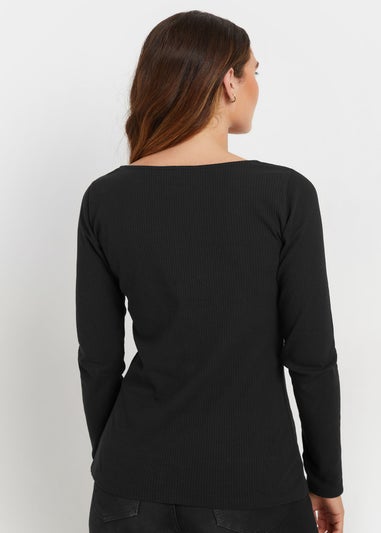 Long Tall Sally Black Ribbed Button Long Sleeve Top