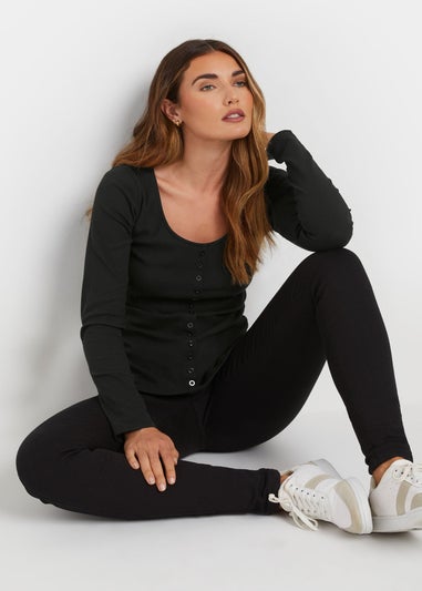 Long Tall Sally Black Ribbed Button Long Sleeve Top