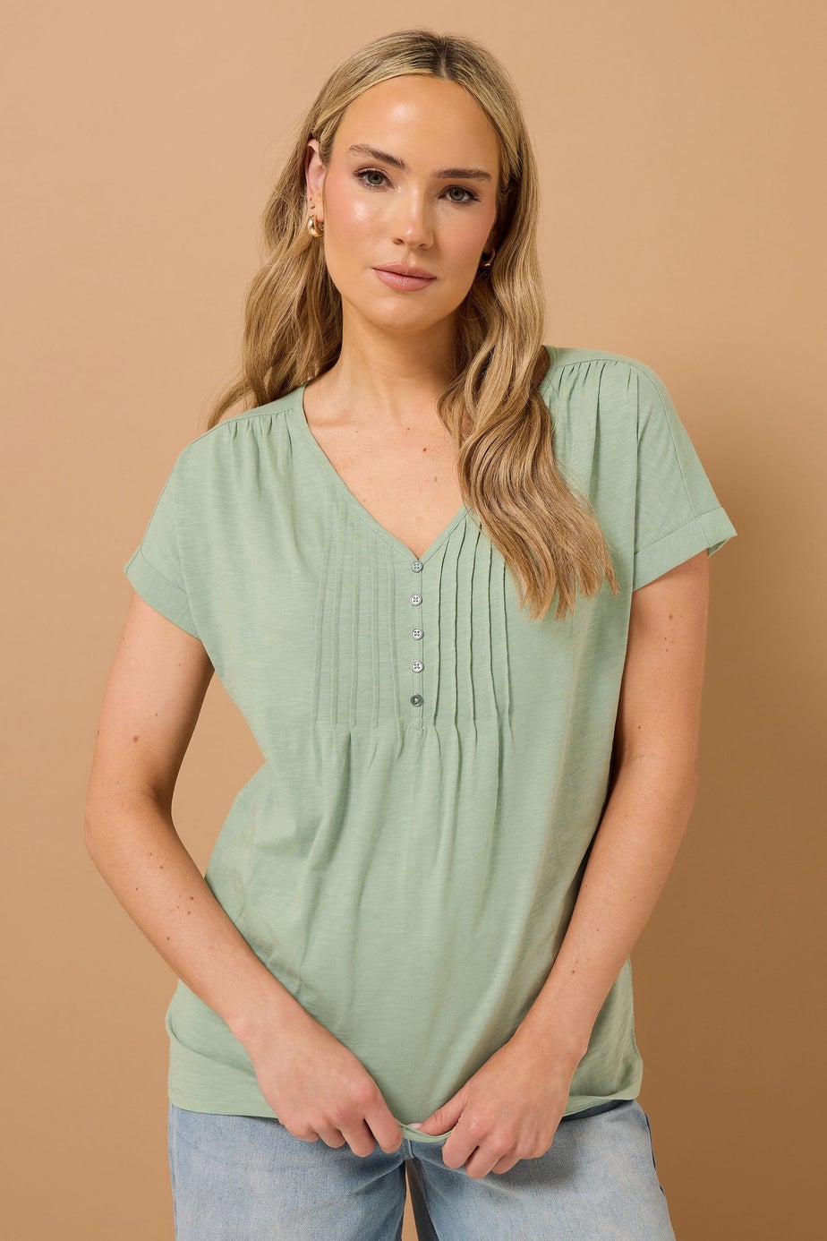 Long Tall Sally Sage Green Cotton Short Sleeve Henley Top