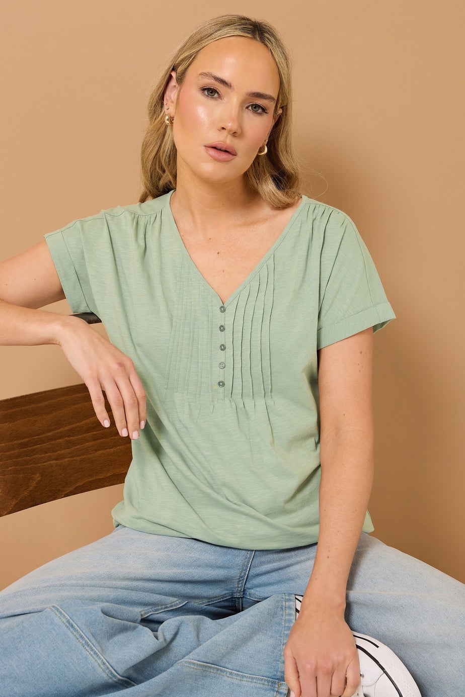Long Tall Sally Sage Green Cotton Short Sleeve Henley Top